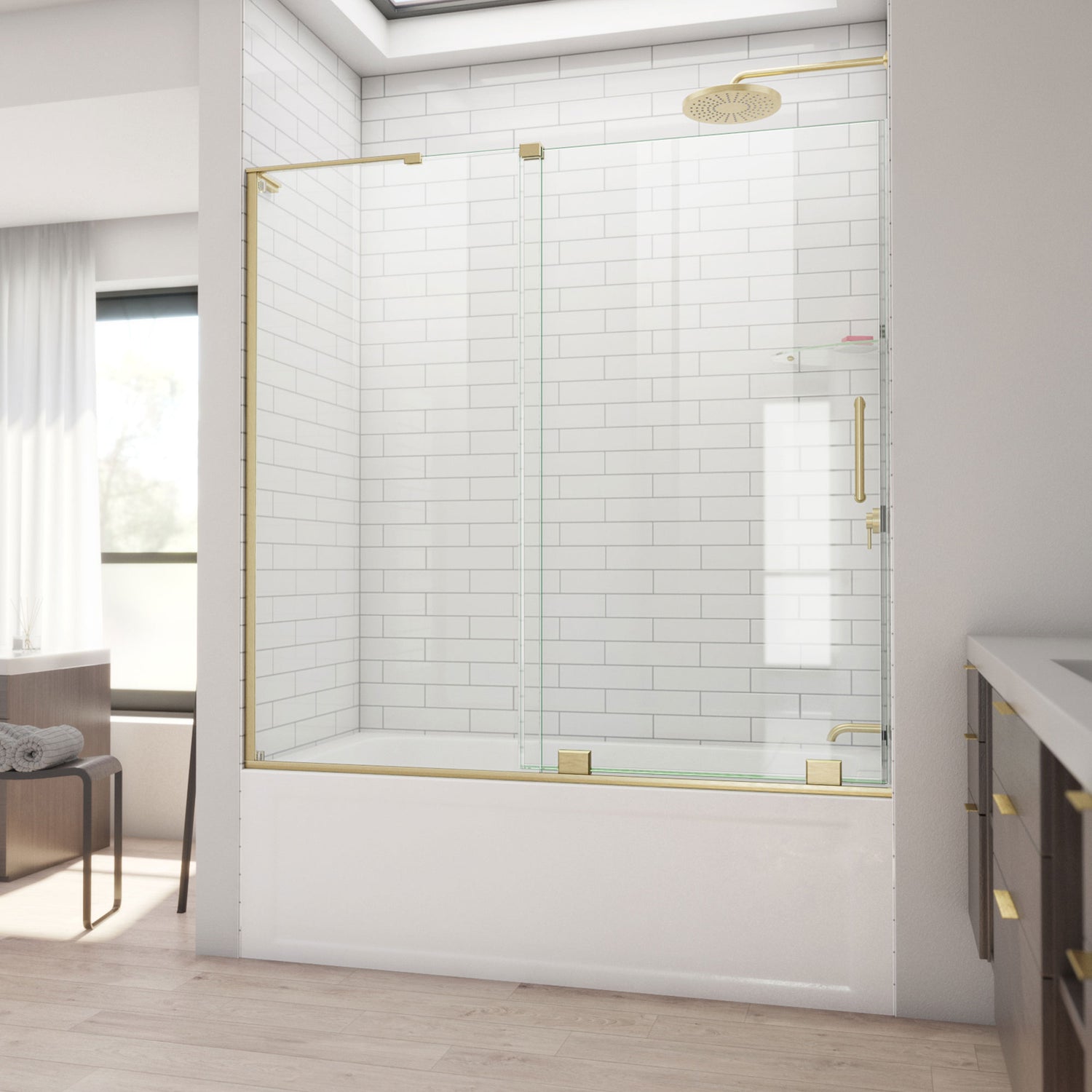 DreamLine Mirage-X 56-60 in. W x 58 in. H Frameless Sliding Tub Door in Brushed Gold