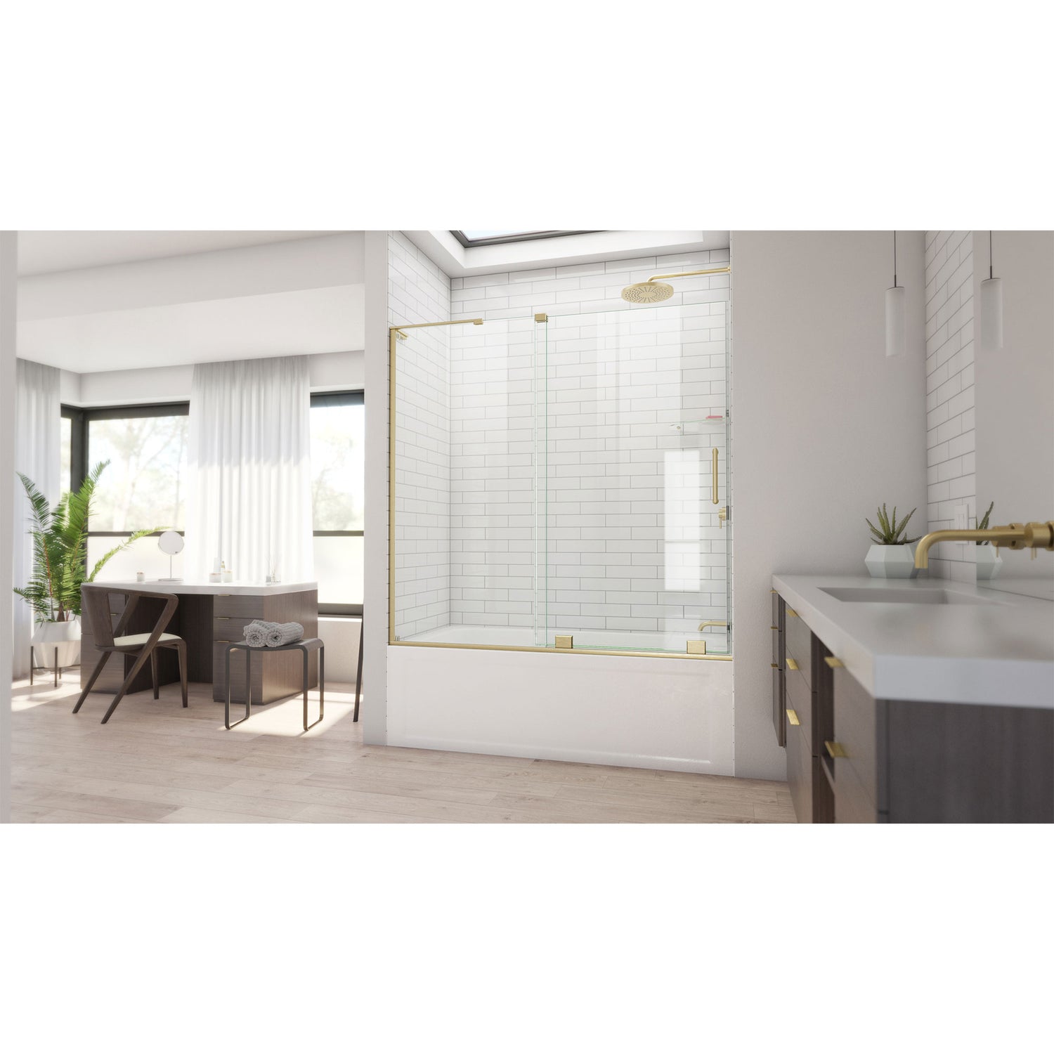 DreamLine Mirage-X 56-60 in. W x 58 in. H Frameless Sliding Tub Door in Brushed Gold