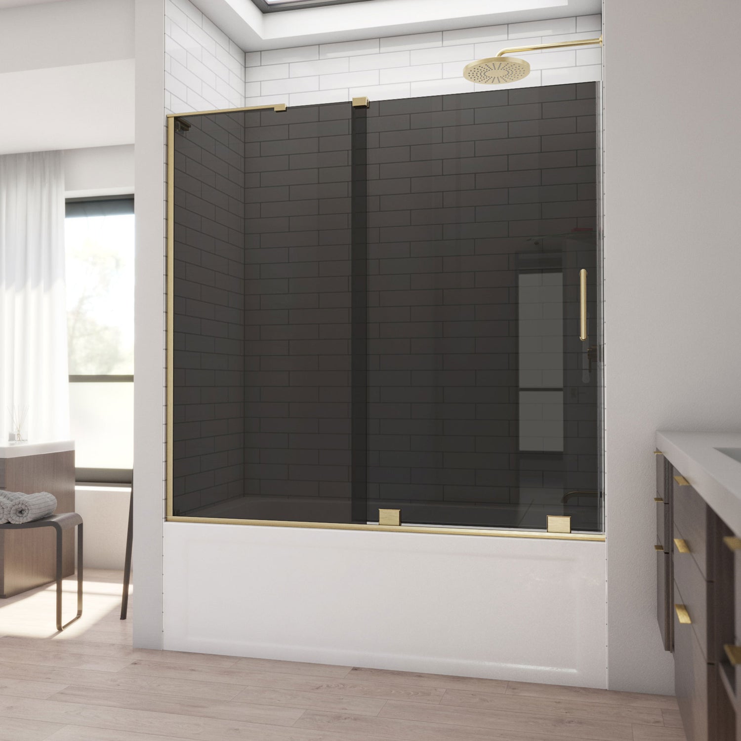 DreamLine Mirage-X 56-60 in. W x 58 in. H Frameless Sliding Tub Door in Brushed Gold and Smoke Gray Glass