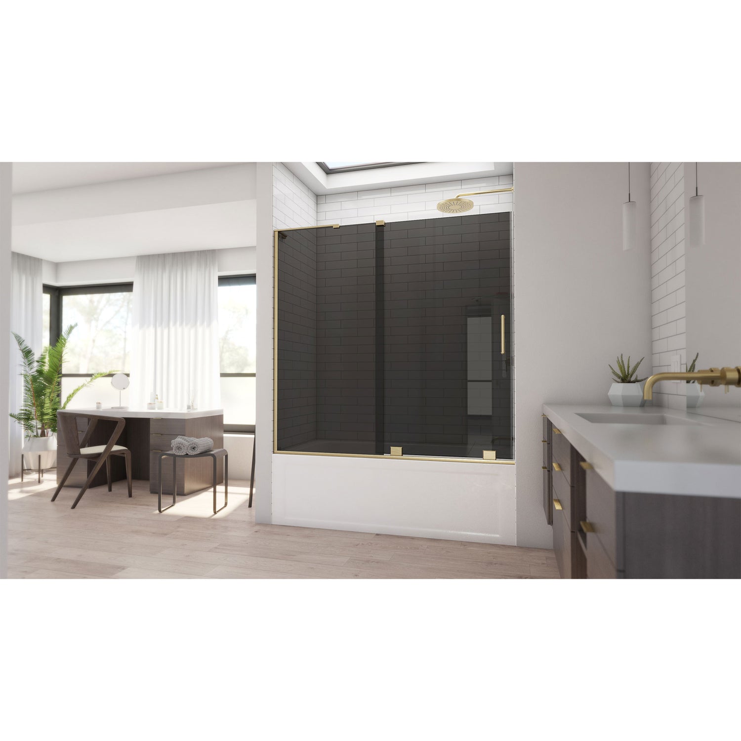 DreamLine Mirage-X 56-60 in. W x 58 in. H Frameless Sliding Tub Door in Brushed Gold and Smoke Gray Glass