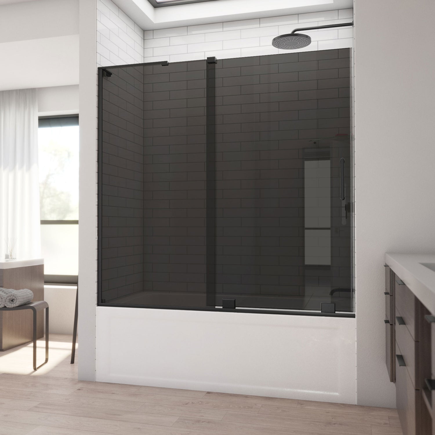 DreamLine Mirage-X 56-60 in. W x 58 in. H Frameless Sliding Tub Door in Satin Black with Smoke Gray Glass