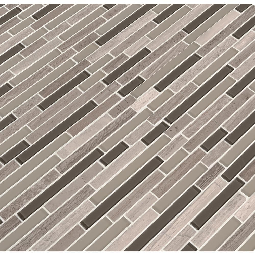 Modello grigio interlocking 12X12 glass stone mesh mounted mosaic tile SMOT-SGLSIL-MODGRI6MM product shot multiple tiles angle view