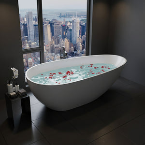 Modern bathroom with a freestanding bathtub filled with water and red flowers, surrounded by a wooden stool with bath items.