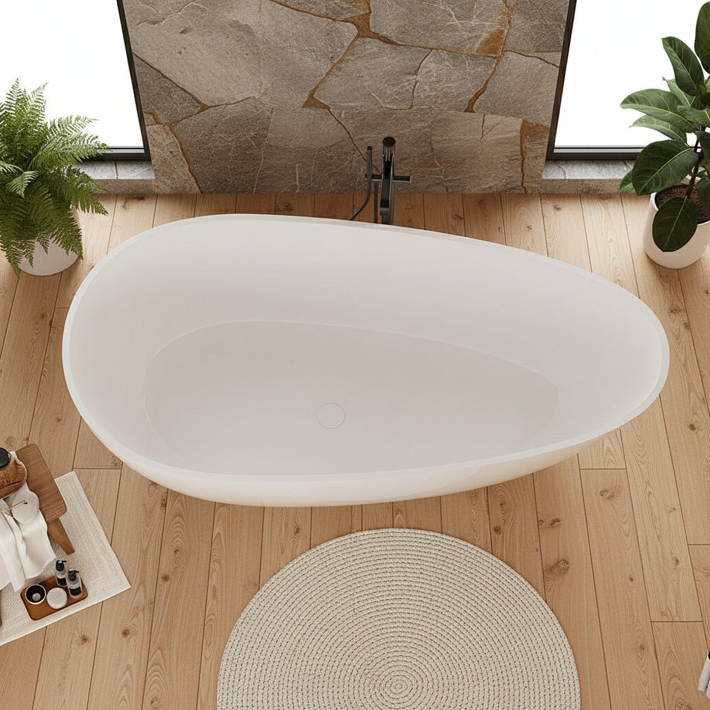 Modern oval bathtub in a bathroom with marble floor and white curtains.