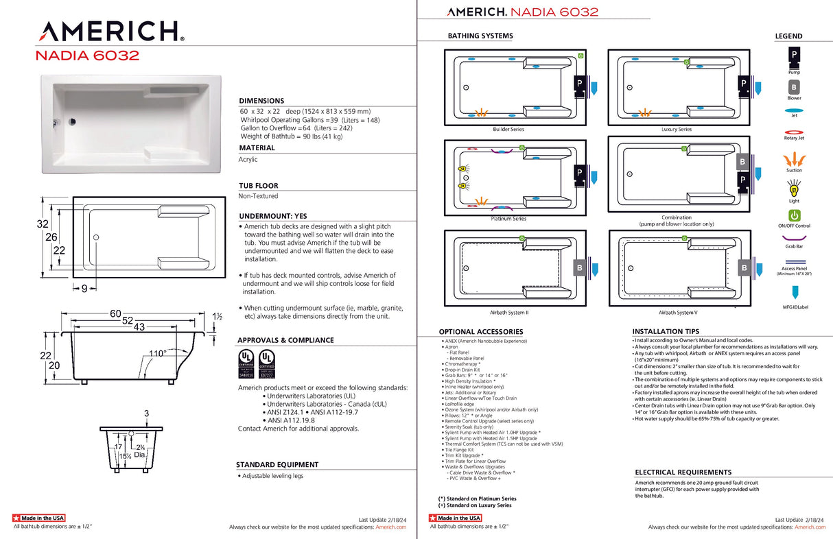 Americh NA6032TA5-BI Nadia 6032 - Tub Only / Airbath 5 - Biscuit