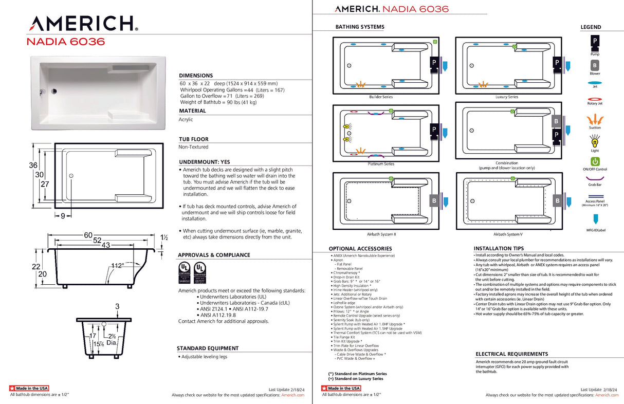 Americh NA6036TA5-BI Nadia 6036 - Tub Only / Airbath 5 - Biscuit
