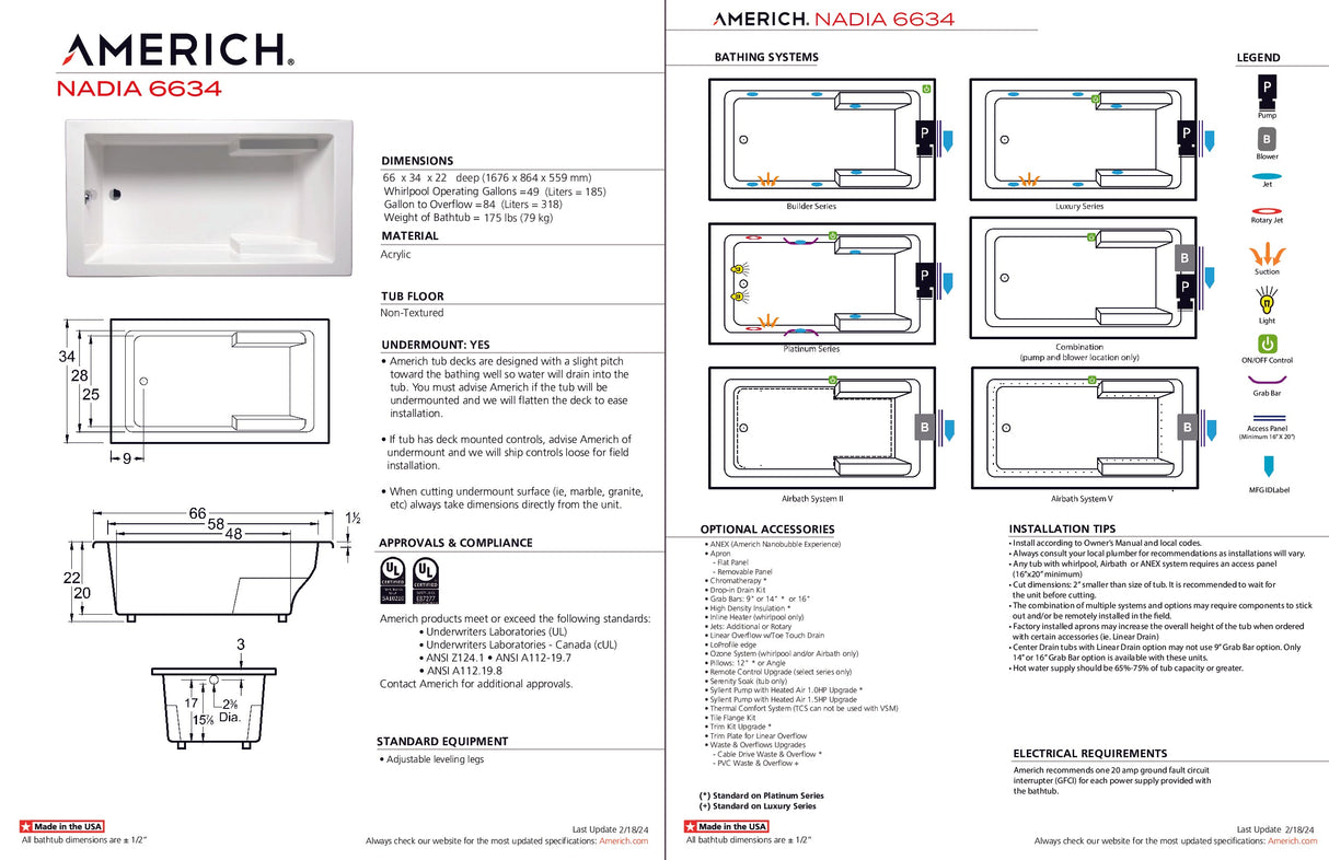 Americh NA6634TA5-BI Nadia 6634 - Tub Only / Airbath 5 - Biscuit