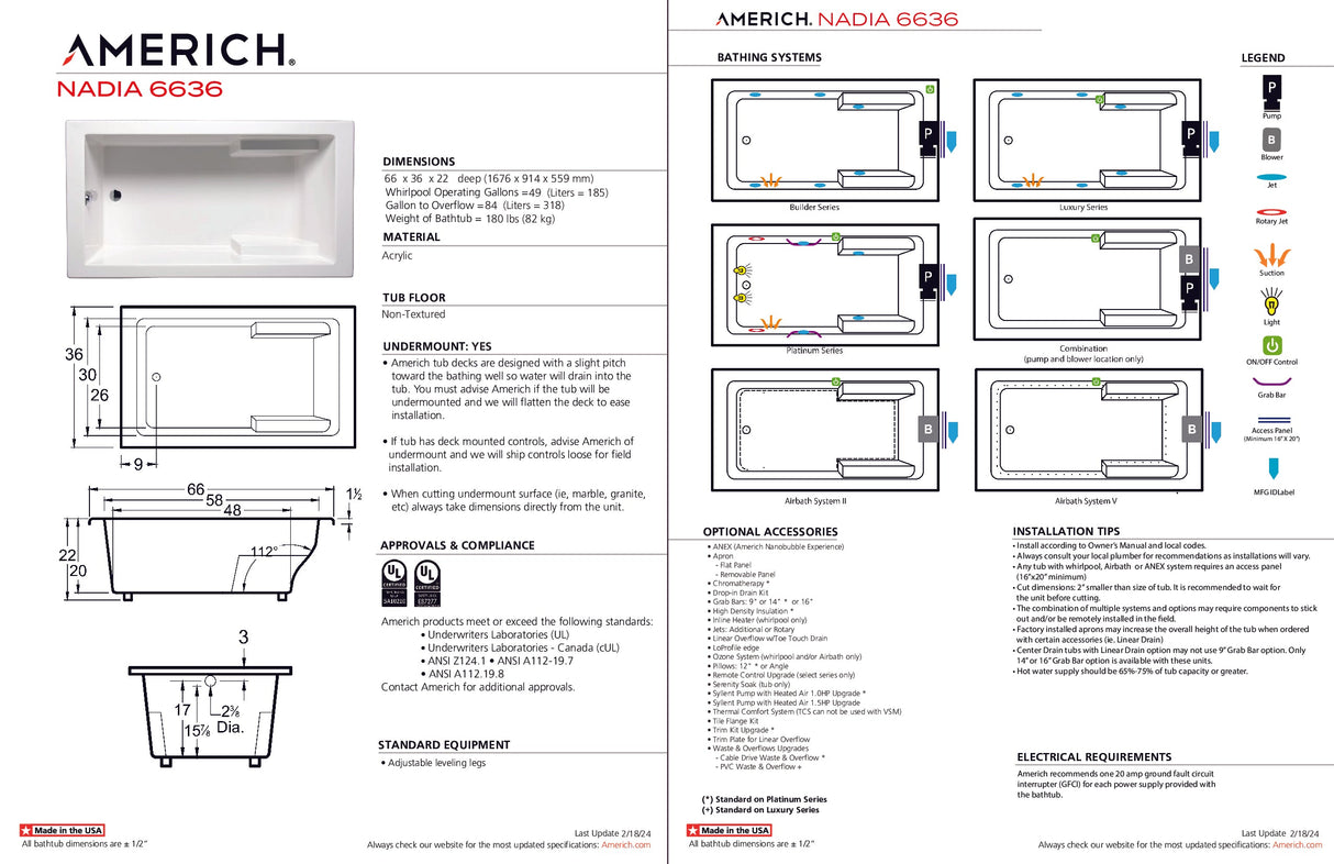 Americh NA6636TA5-BI Nadia 6636 - Tub Only / Airbath 5 - Biscuit