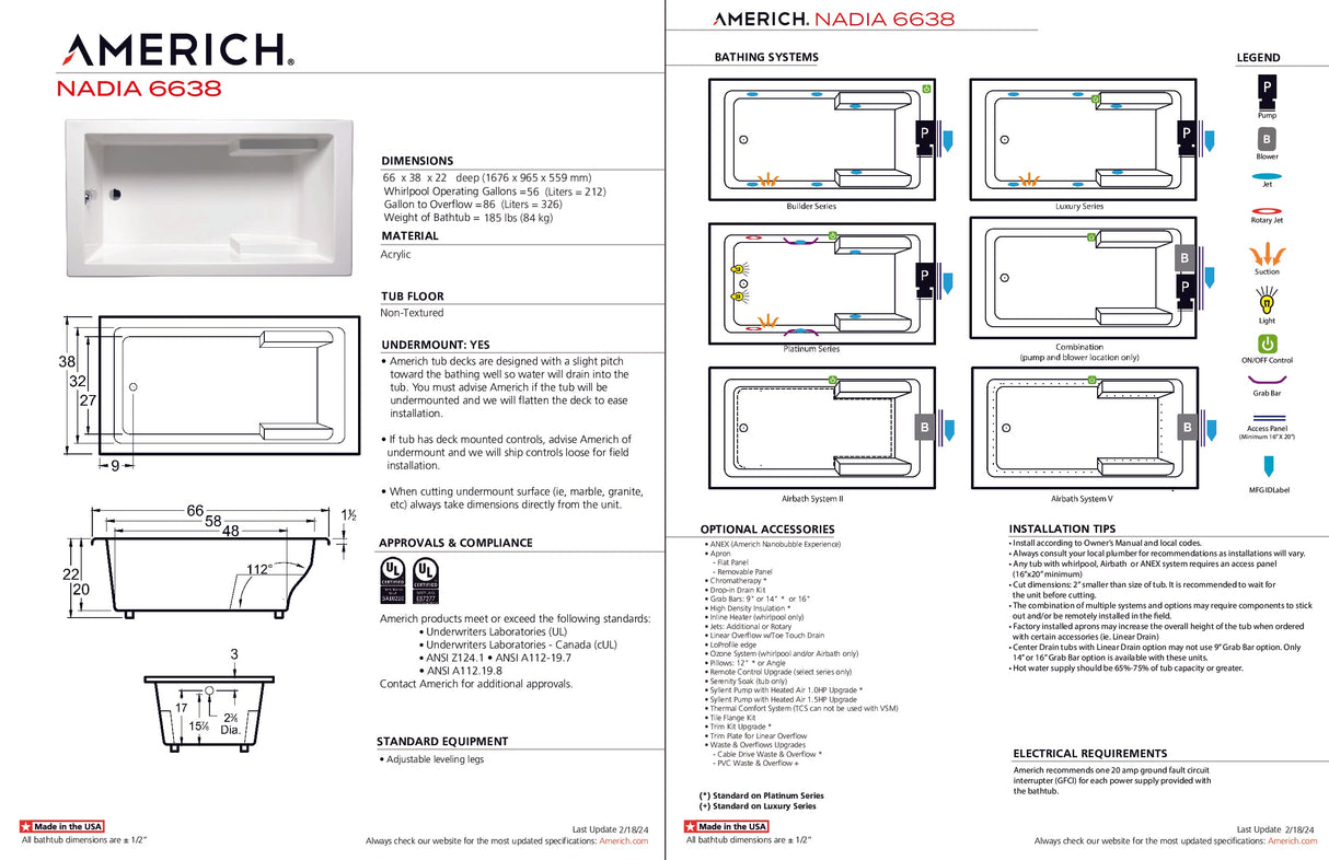 Americh NA6638TA5-BI Nadia 6638 - Tub Only / Airbath 5 - Biscuit
