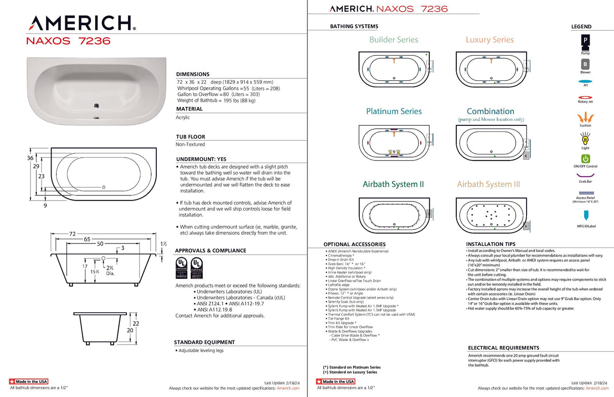 Americh NX7236TA2-WH Naxos 7236 - Tub Only / Airbath 2 - White