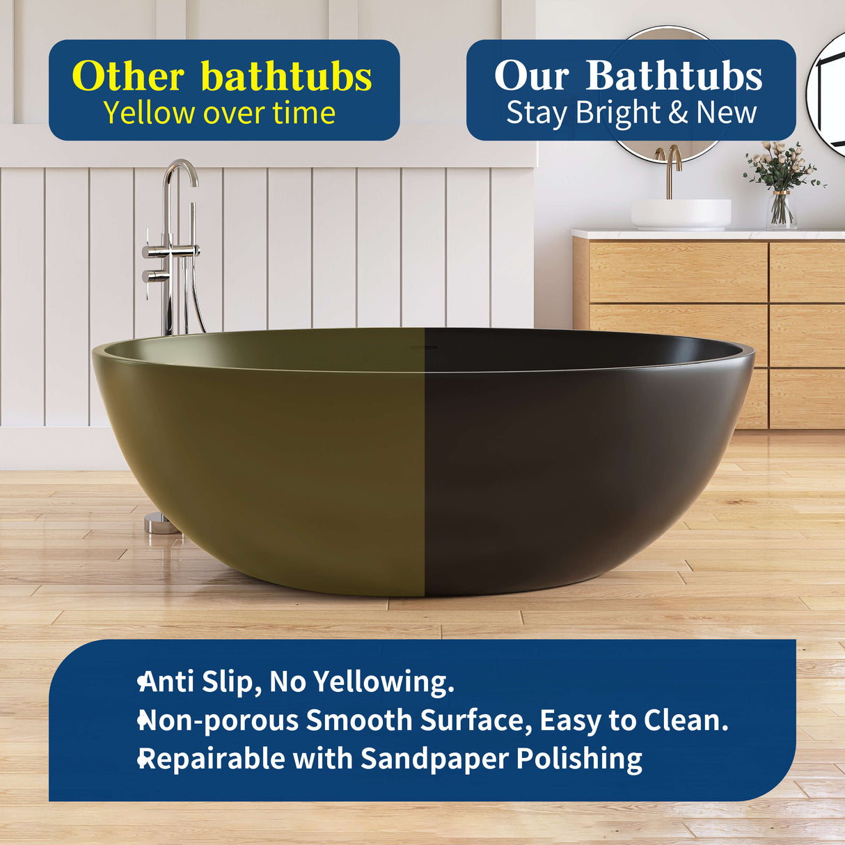 New England Home Goods Everest 67" Freestanding Tub in Black - Stone Resin Solid Surface