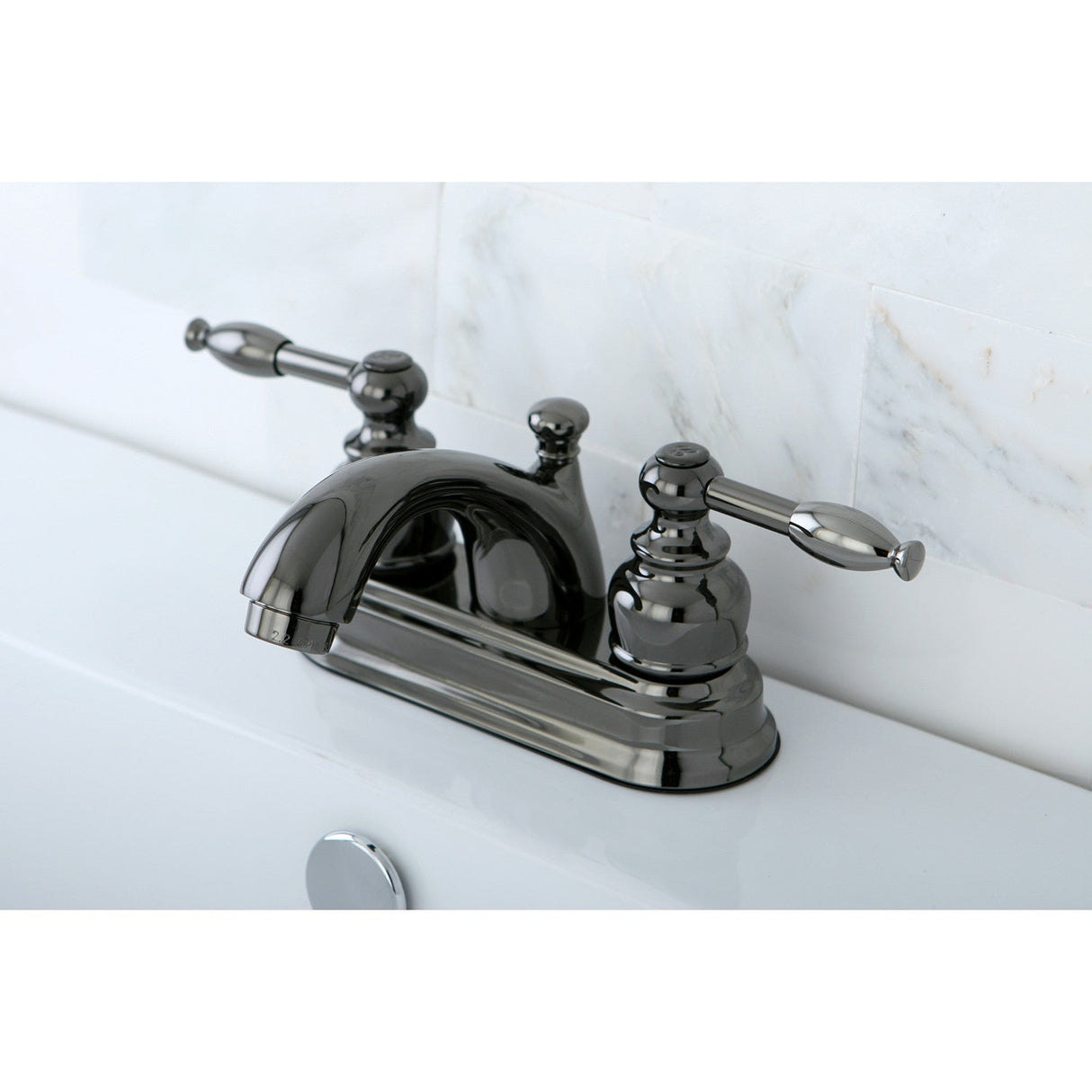 Water Onyx NB2600KL Two-Handle 3-Hole Deck Mount 4" Centerset Bathroom Faucet with Plastic Pop-Up, Black Stainless Steel