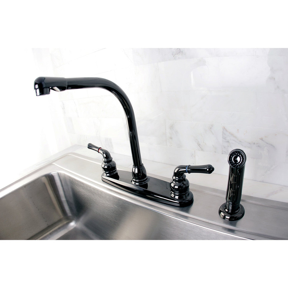 Water Onyx NB750SP Two-Handle 4-Hole Deck Mount 8" Centerset Kitchen Faucet with Side Sprayer, Black Stainless Steel