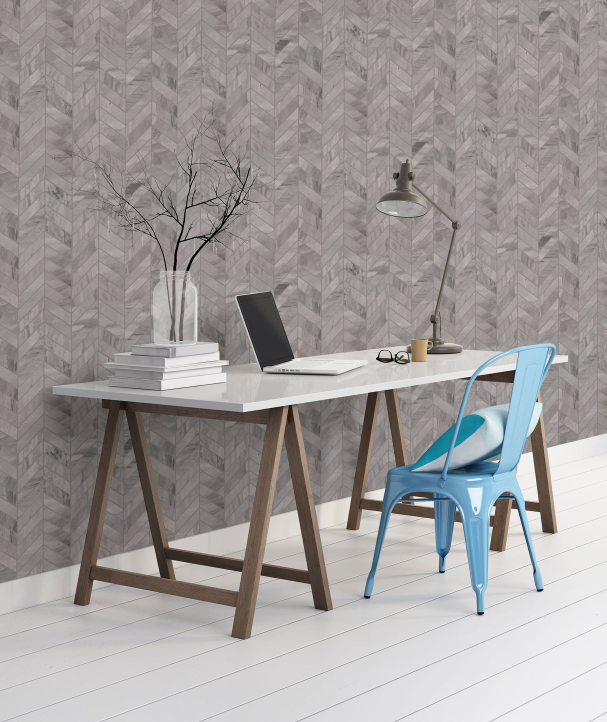 Eden Bardiglio 12"x15" Matte Chevron Porcelain Mosaic Tile room shot working table view