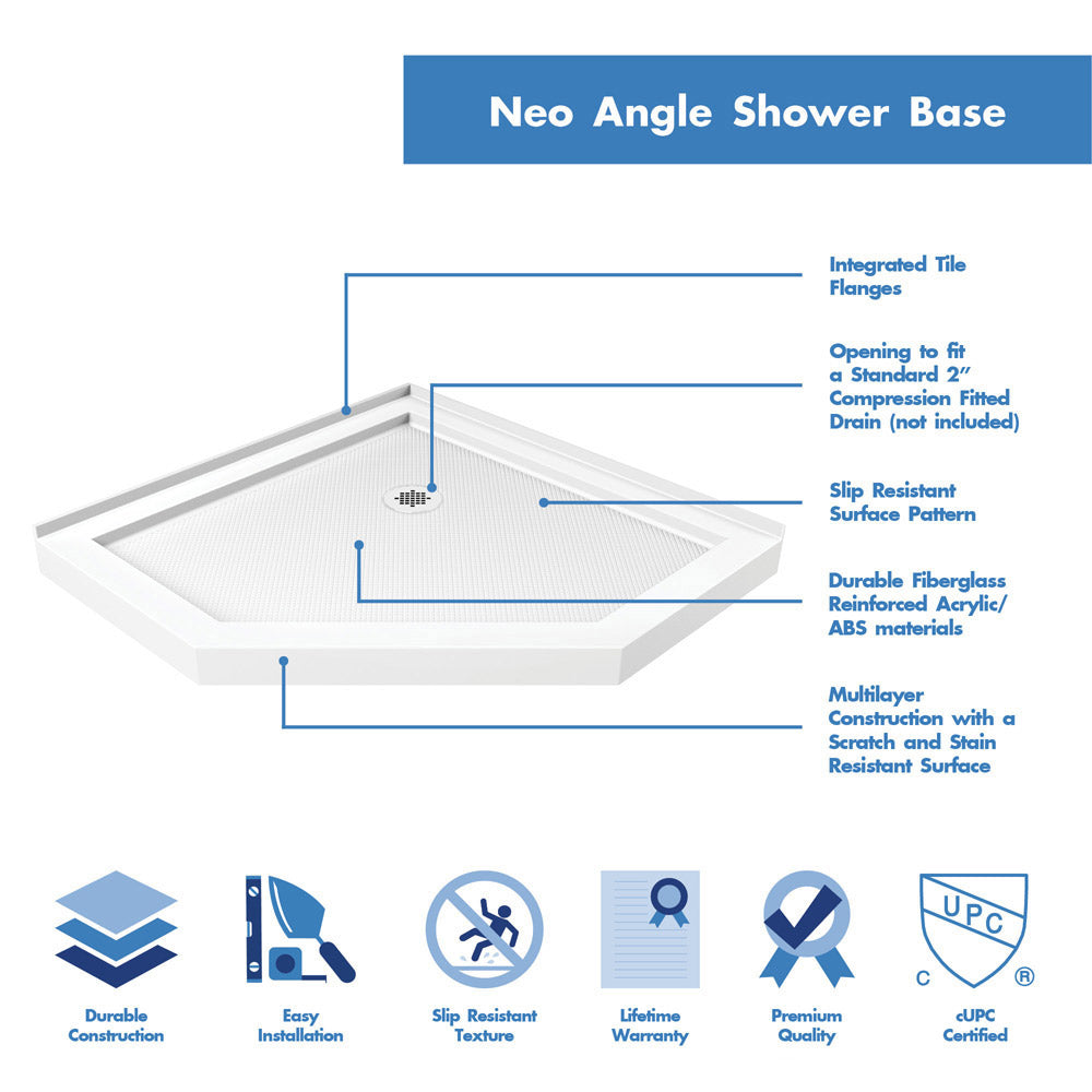 DreamLine 38 in. x 38 in. x 76 3/4 in. H Neo-Angle Shower Base and QWALL-4 Acrylic Corner Wall Kit in White