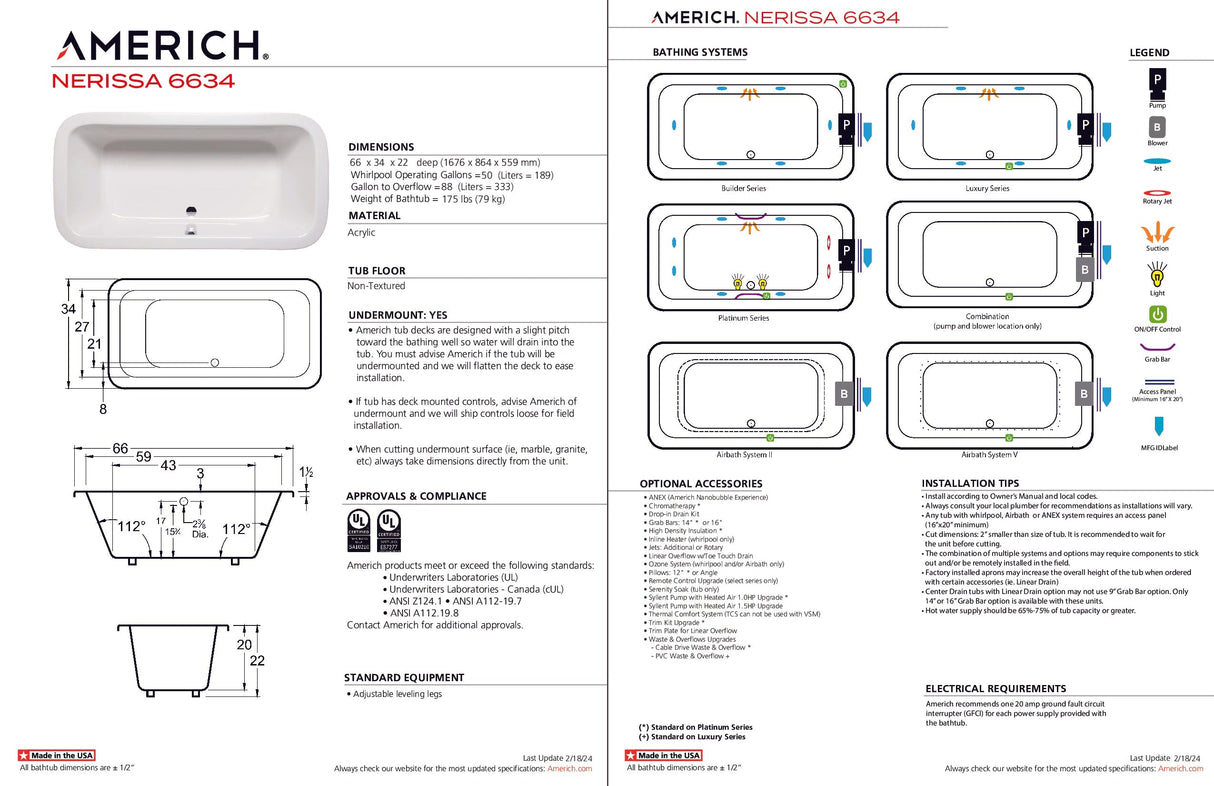 Americh NE6634TA5-BI Nerissa 6634 - Tub Only / Airbath 5 - Biscuit