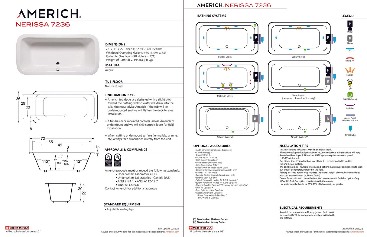 Americh NE7236TA5-BI Nerissa 7236 - Tub Only / Airbath 5 - Biscuit