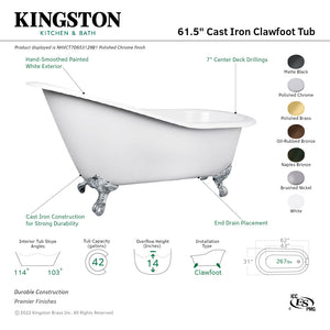 Aqua Eden NHVCT7D653129B6 62-Inch Cast Iron Single Slipper Clawfoot Tub with 7-Inch Faucet Drillings, White/Naples Bronze