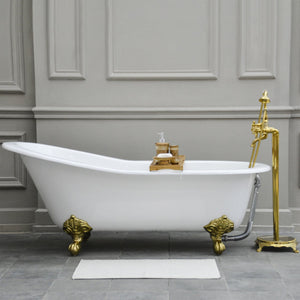 Aqua Eden NHVCTND653129B2 61-Inch Cast Iron Single Slipper Clawfoot Tub (No Faucet Drillings), White/Polished Brass