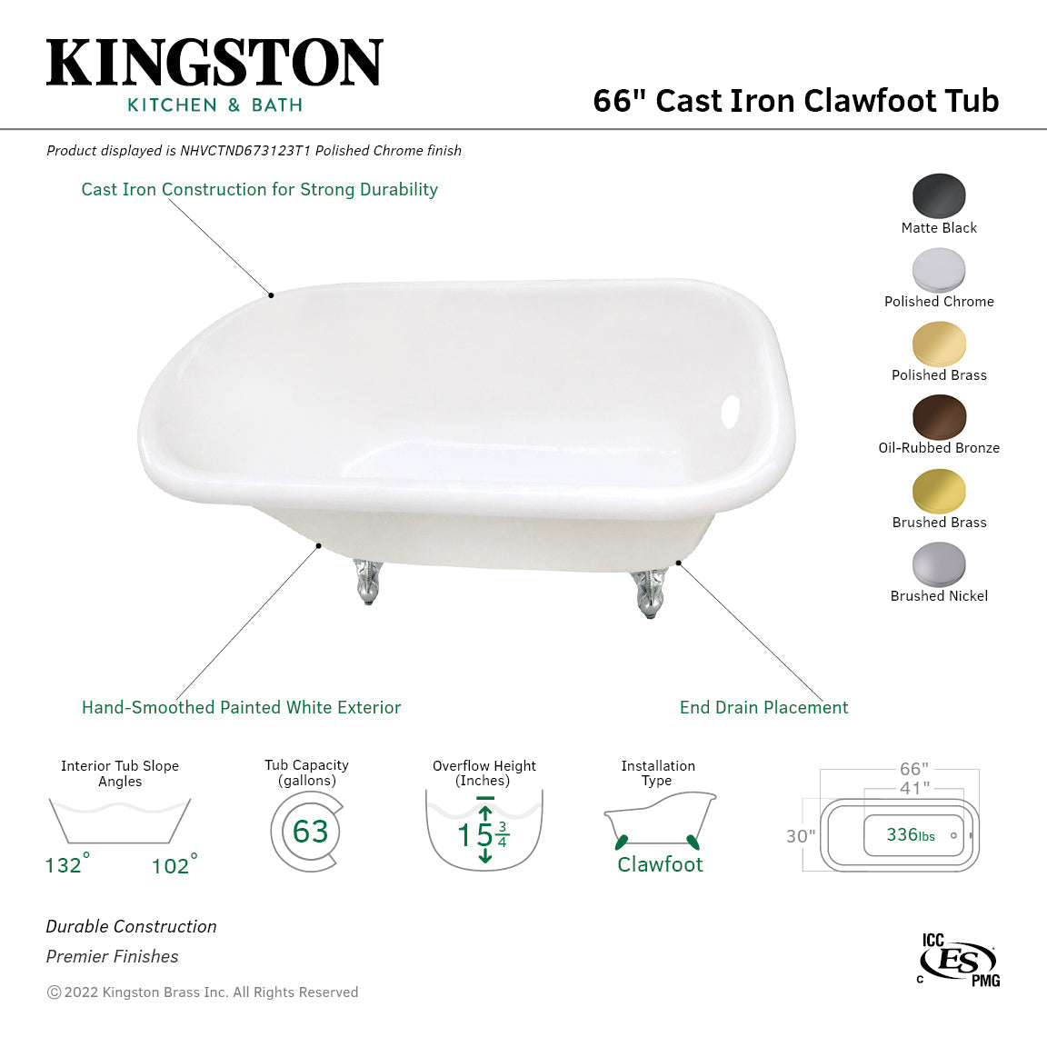 Aqua Eden NHVCTND673123T8 66-Inch Cast Iron Roll Top Clawfoot Tub (No Faucet Drillings), White/Brushed Nickel
