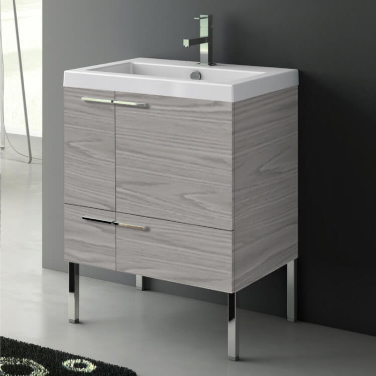 Free Standing Bathroom Vanity, Modern, 24", Grey Walnut