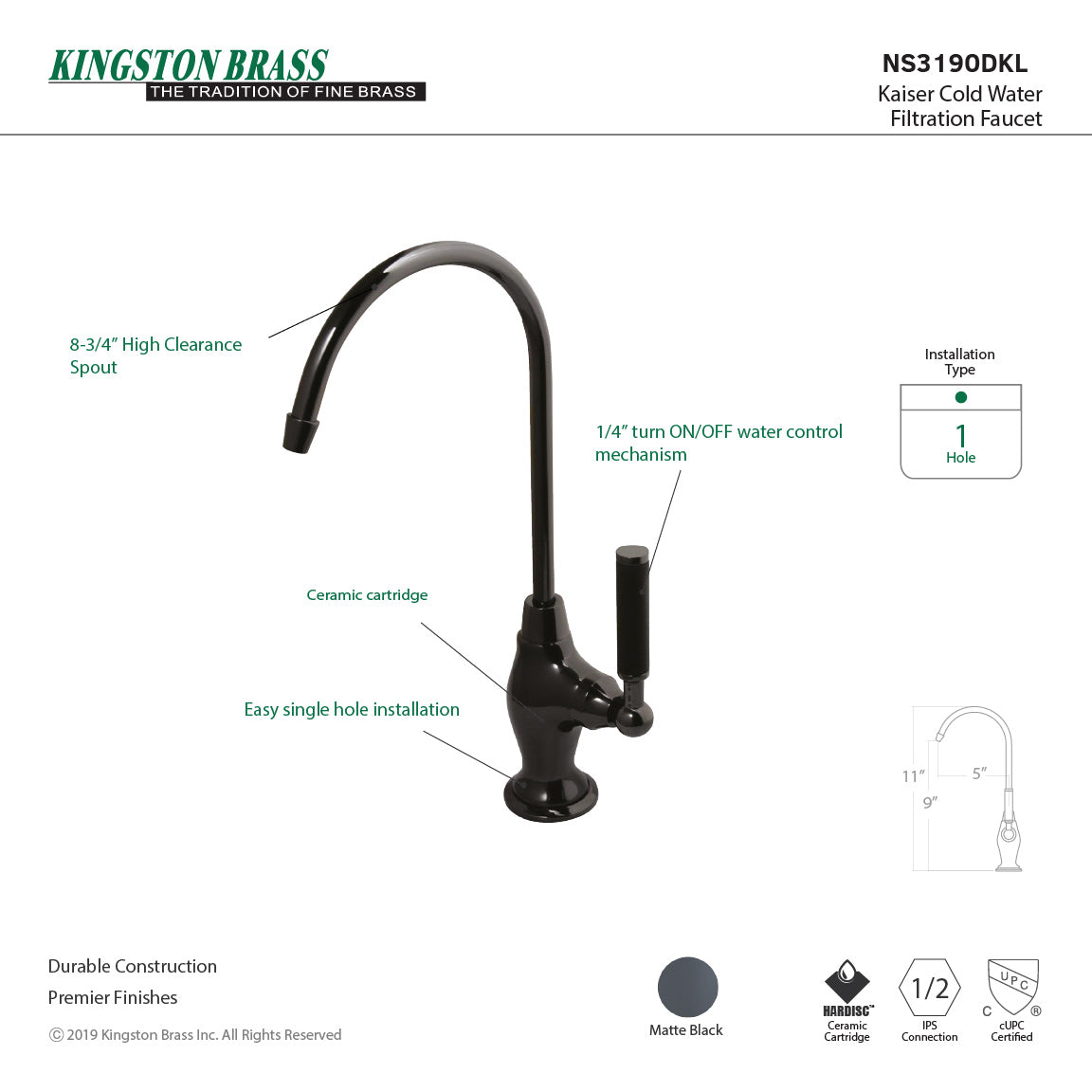 Water Onyx NS3190DKL Single-Handle 1-Hole Deck Mount Water Filtration Faucet, Black Stainless Steel