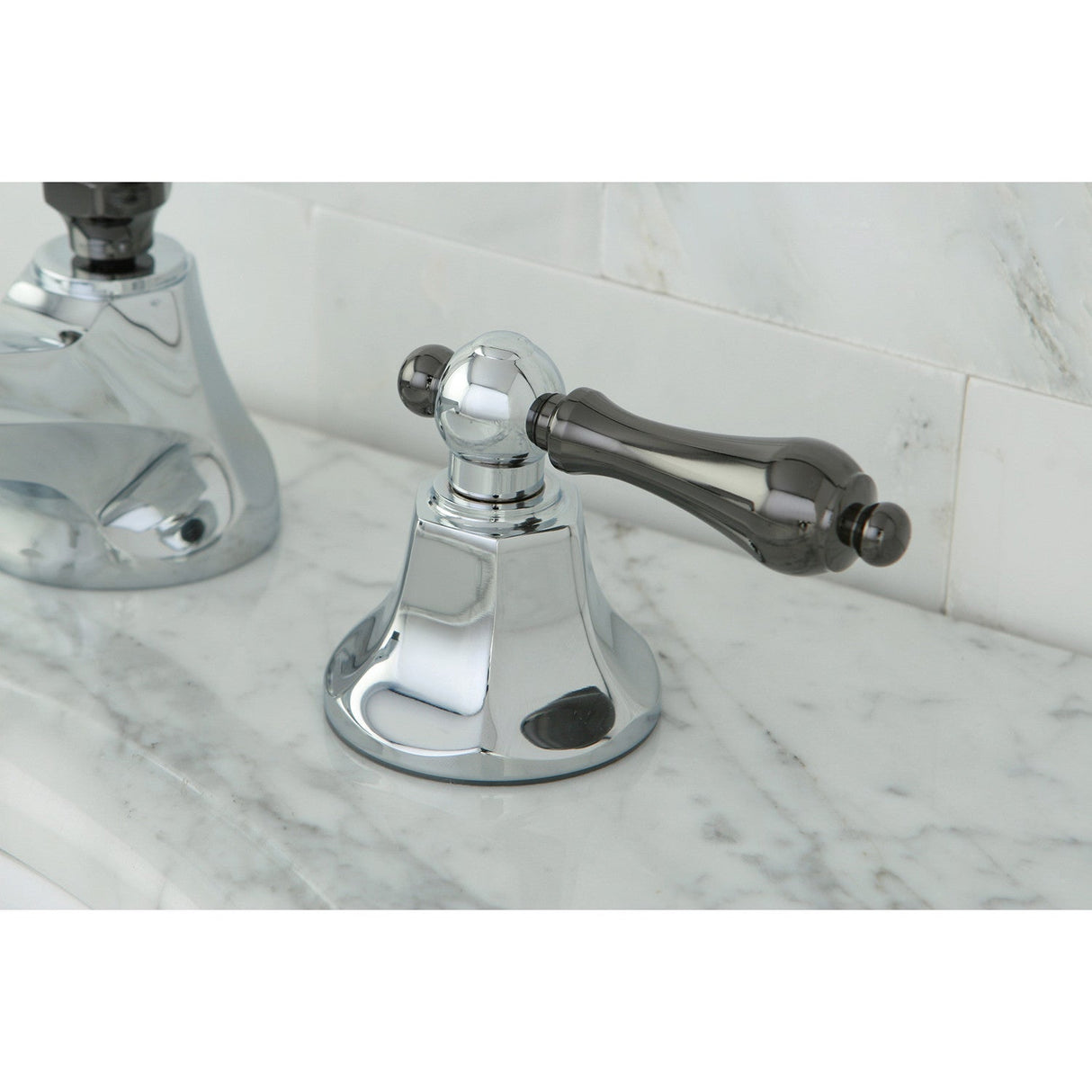 Water Onyx NS4463AL Two-Handle 3-Hole Deck Mount Widespread Bathroom Faucet with Brass Pop-Up, Polished Chrome/Black Stainless Steel