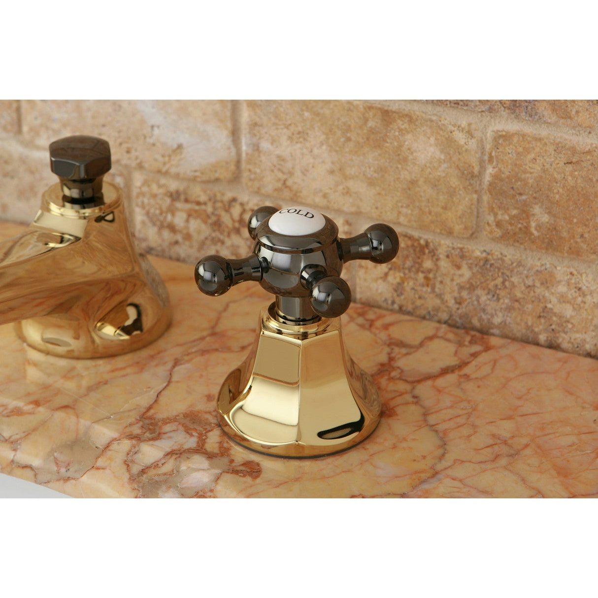 Water Onyx NS4466BX Two-Handle 3-Hole Deck Mount Widespread Bathroom Faucet with Brass Pop-Up, Polished Brass/Black Stainless Steel
