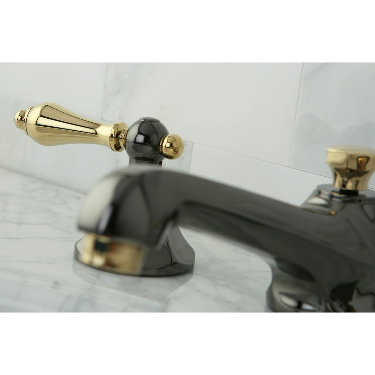 Water Onyx NS4469AL Two-Handle 3-Hole Deck Mount Widespread Bathroom Faucet with Brass Pop-Up, Black Stainless Steel/Polished Brass