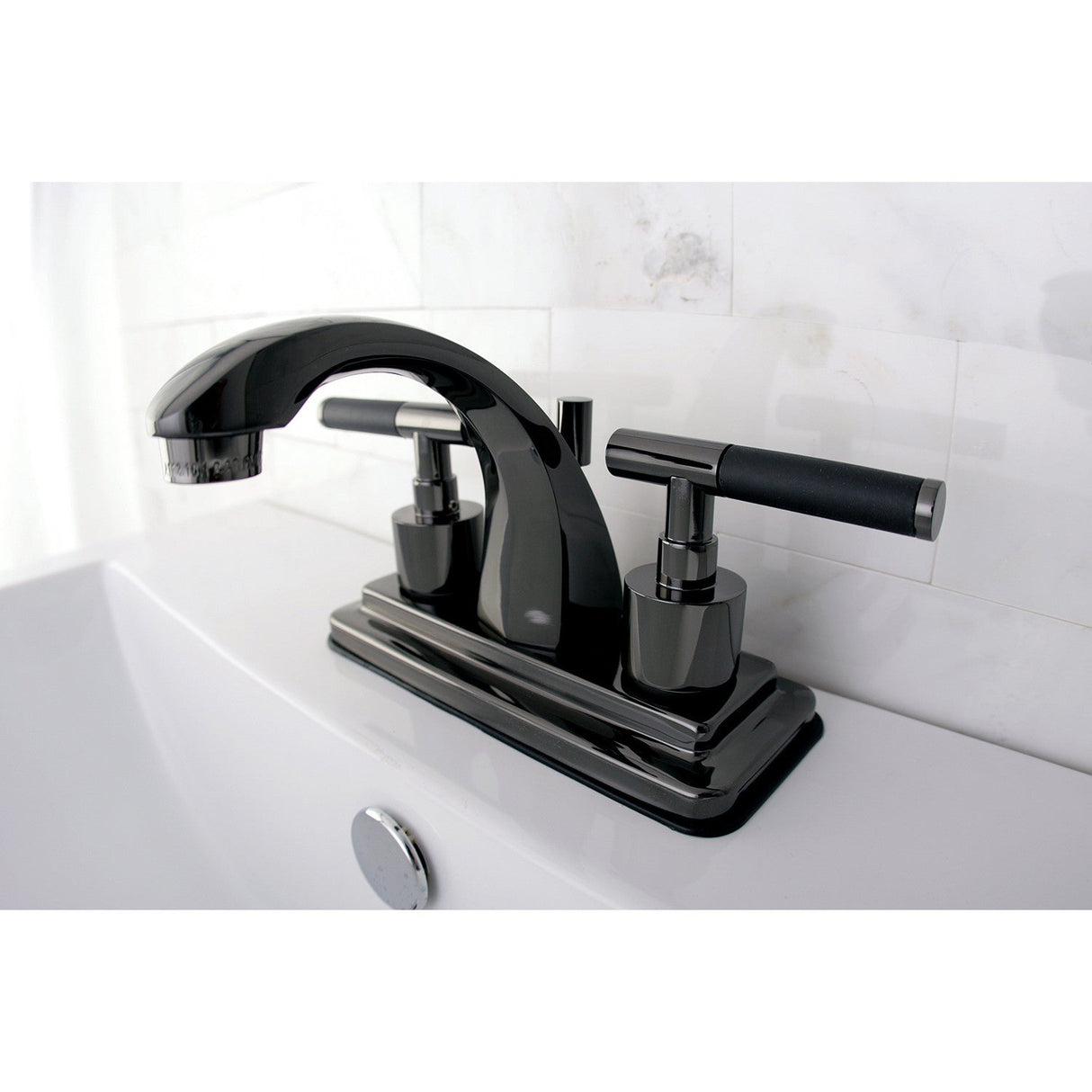 Water Onyx NS4640DKL Two-Handle 3-Hole Deck Mount 4" Centerset Bathroom Faucet with Brass Pop-Up, Black Stainless Steel
