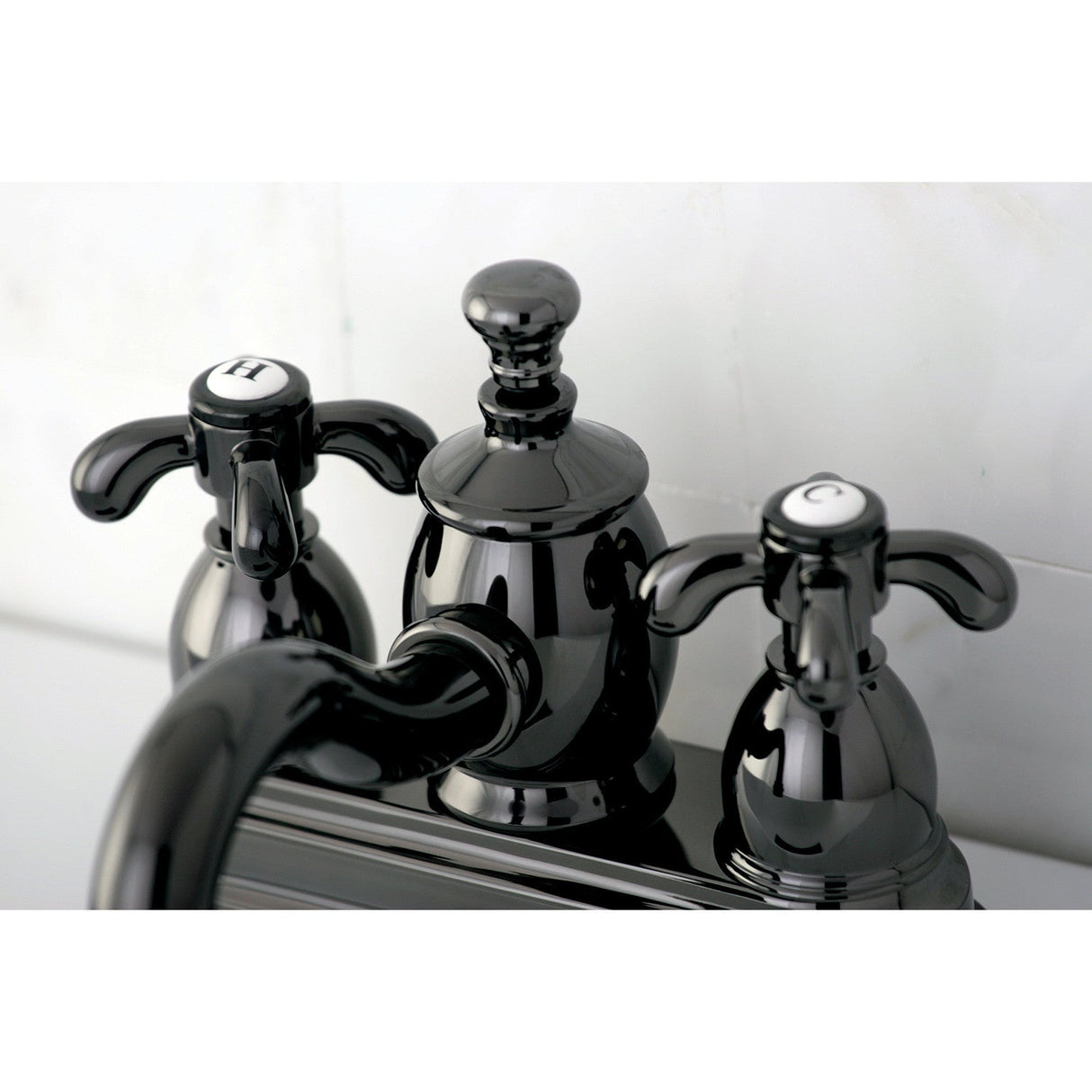 Water Onyx NS7100TX Two-Handle 3-Hole Deck Mount 4" Centerset Bathroom Faucet with Brass Pop-Up, Black Stainless Steel