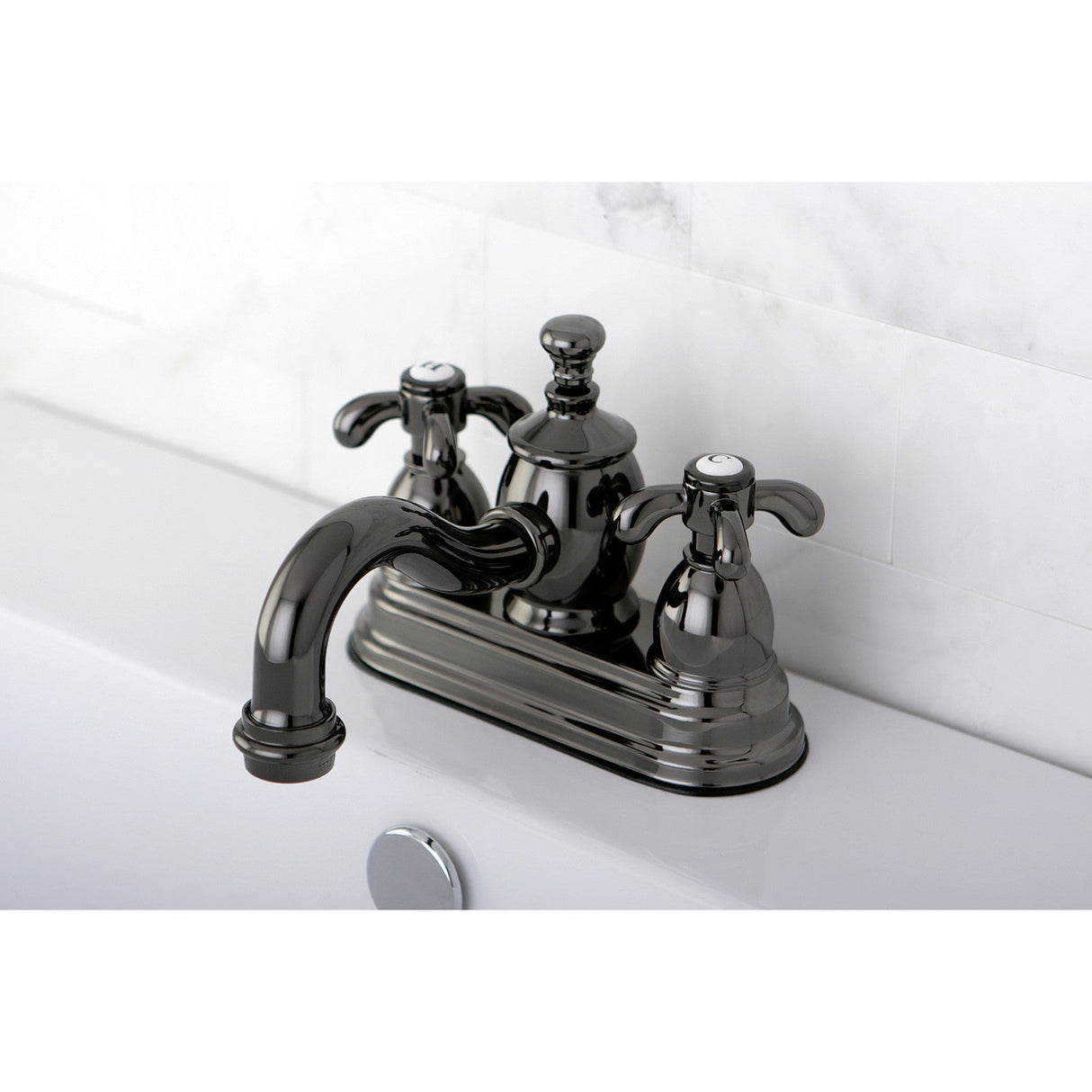 Water Onyx NS7100TX Two-Handle 3-Hole Deck Mount 4" Centerset Bathroom Faucet with Brass Pop-Up, Black Stainless Steel