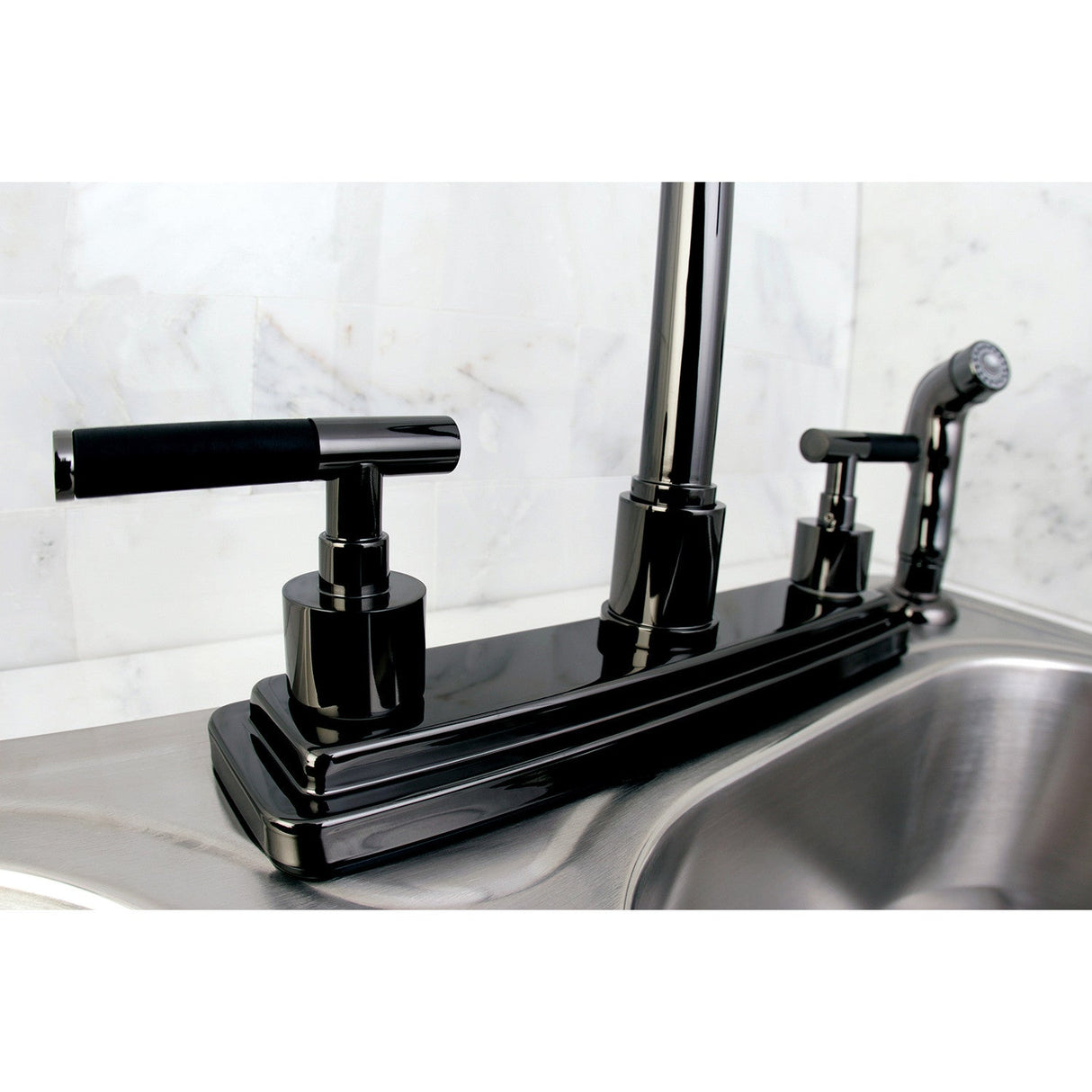 Water Onyx NS8790DKLSP Two-Handle 4-Hole Deck Mount 8" Centerset Kitchen Faucet with Side Sprayer, Black Stainless Steel