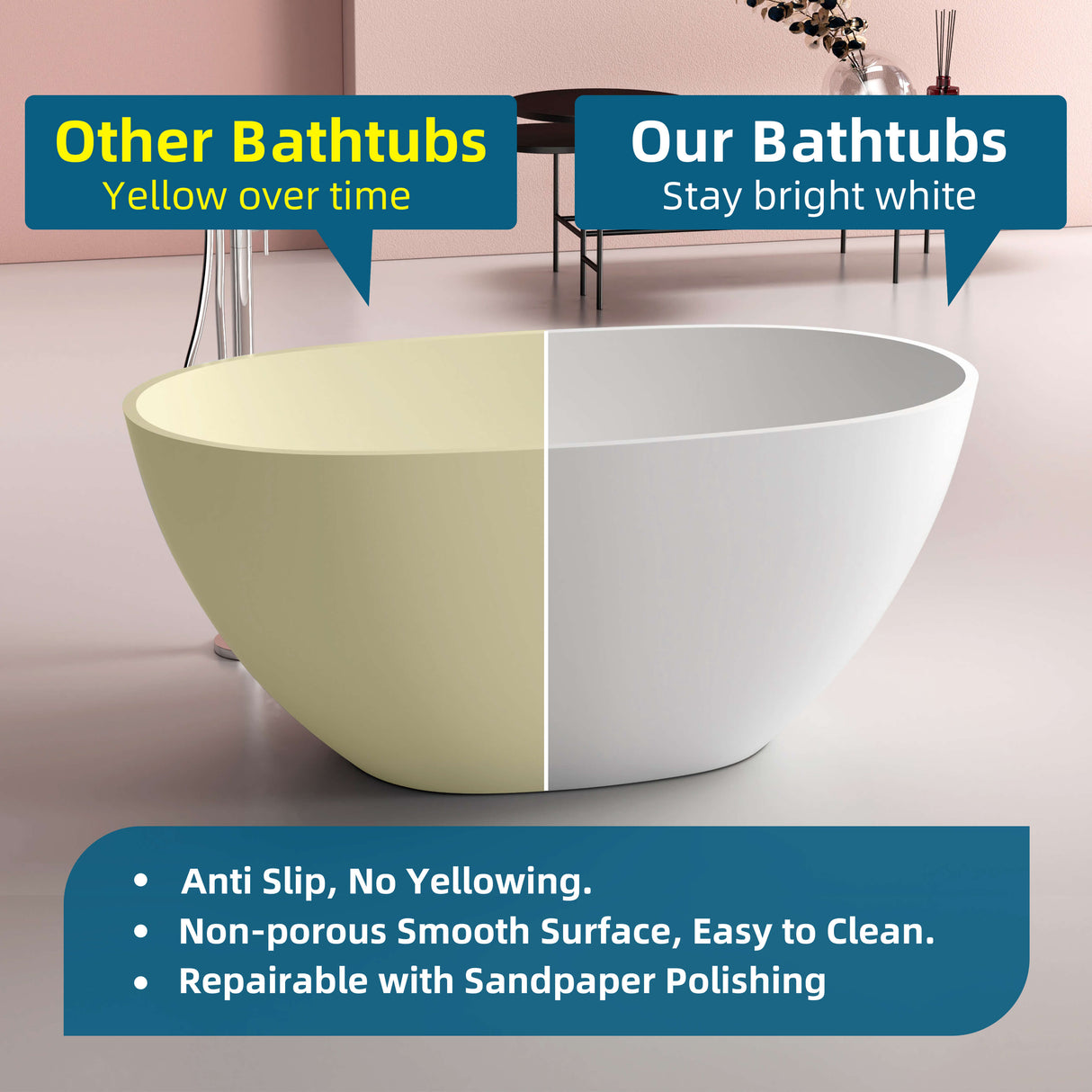 New England Home Goods Bondi 51" Freestanding Tub in White - Stone Resin Solid Surface