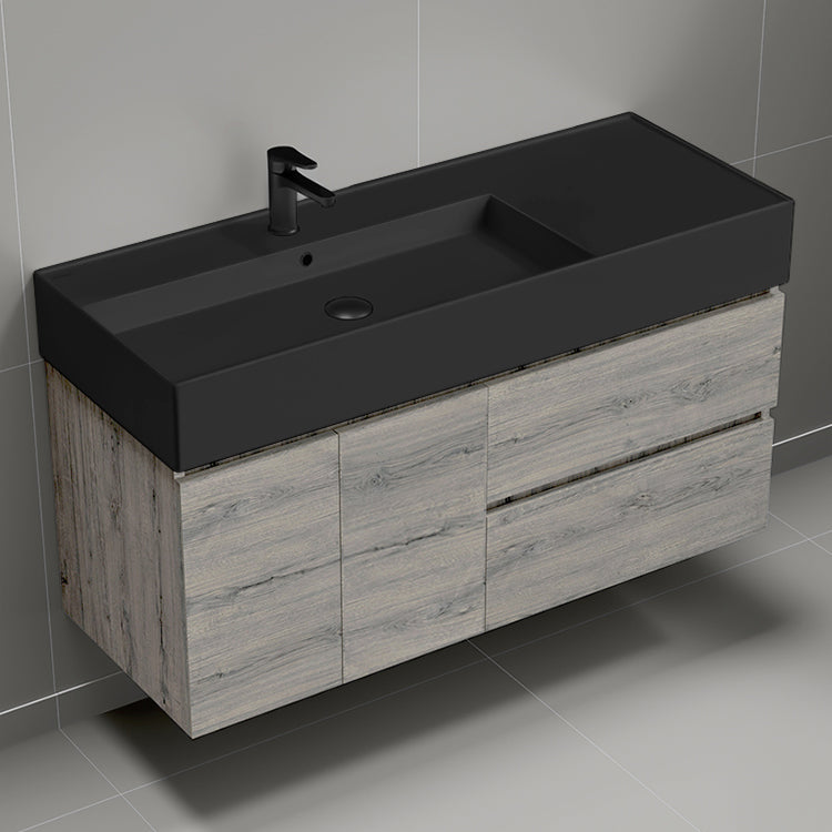 Modern Bathroom Vanity With Black Sink, Wall Mounted, 48", Grey Oak