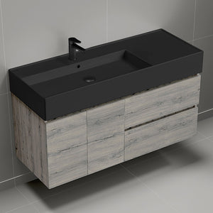 Modern Bathroom Vanity With Black Sink, Wall Mounted, 48", Grey Oak