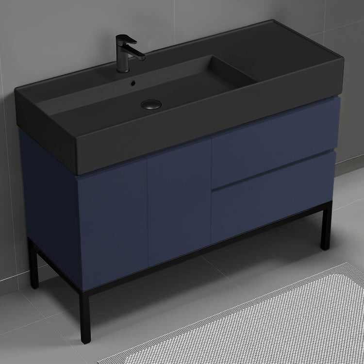 48" Bathroom Vanity With Black Sink, Free Standing, Night Blue