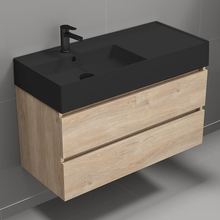 Wall Mount Bathroom Vanity, Matte Black Sink, 40", Brown Oak