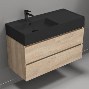 Wall Mount Bathroom Vanity, Matte Black Sink, 40", Brown Oak