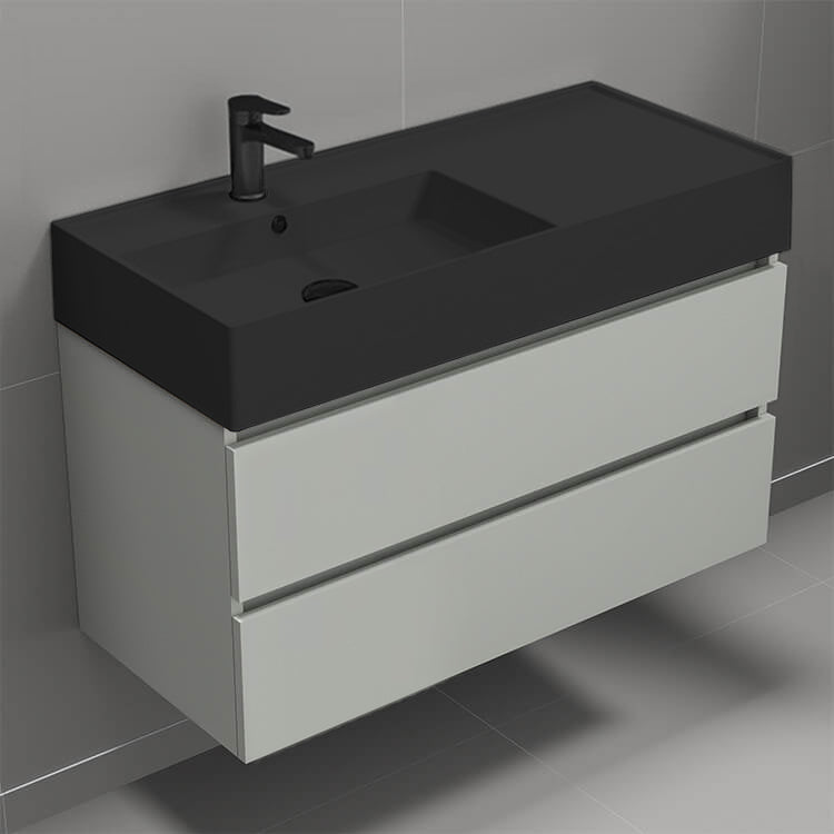 Floating Bathroom Vanity, Matte Black Sink, 40", Grey Mist
