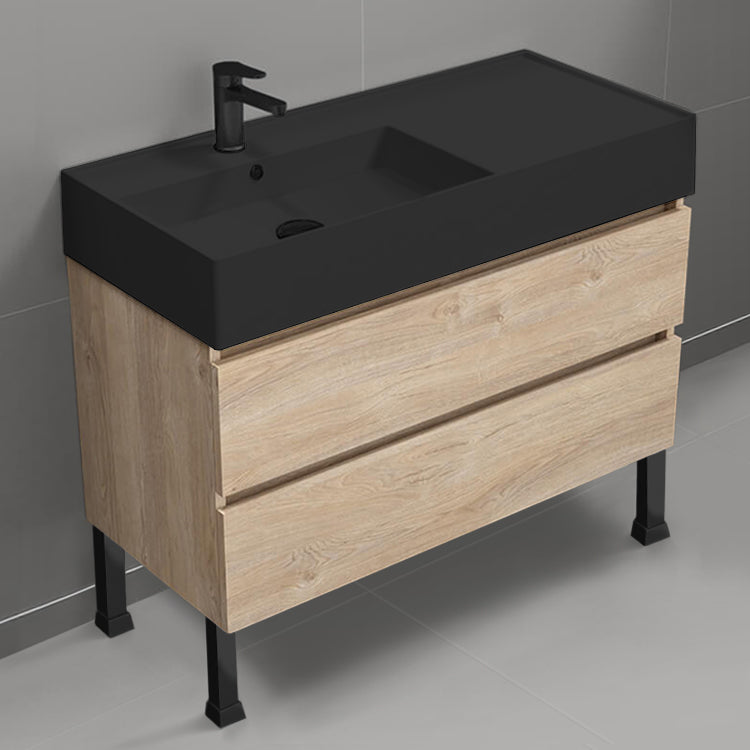 Floor Standing Bathroom Vanity, Matte Black Sink, 40", Brown Oak