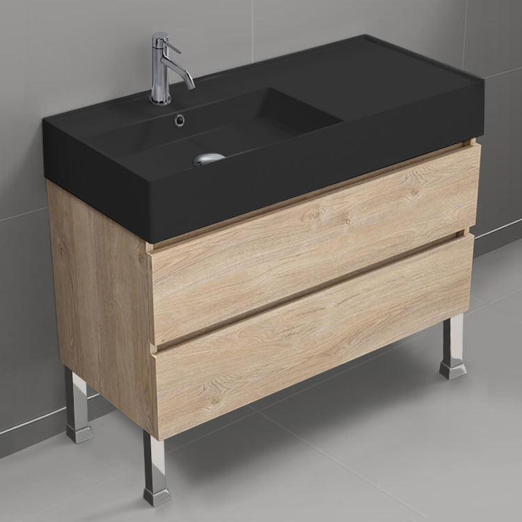 Floor Standing Bathroom Vanity, Matte Black Sink, 40", Brown Oak