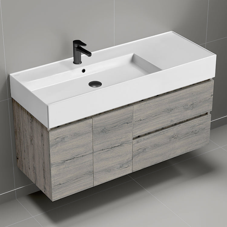 Modern Bathroom Vanity, Wall Mounted, 48", Grey Oak