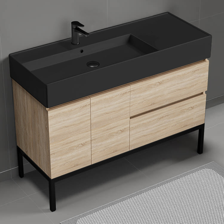 Modern Bathroom Vanity With Black Sink, Free Standing, 48", Brown Oak