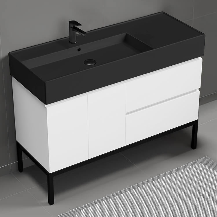 Modern Bathroom Vanity With Black Sink, Floor Standing, 48", Glossy White