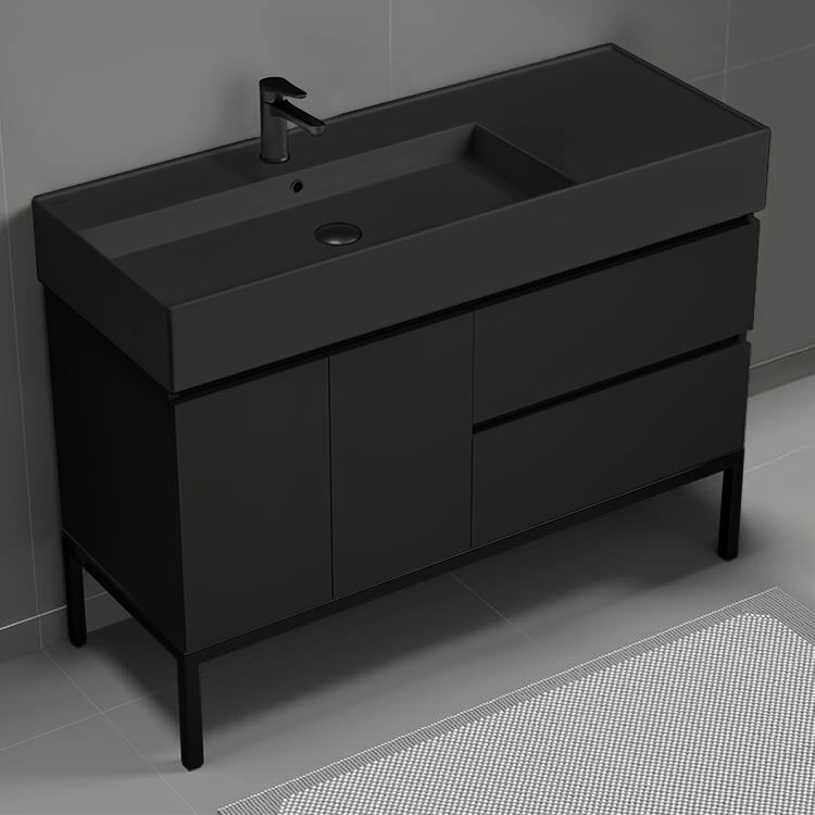 48" Bathroom Vanity With Black Sink, Free Standing, Matte Black