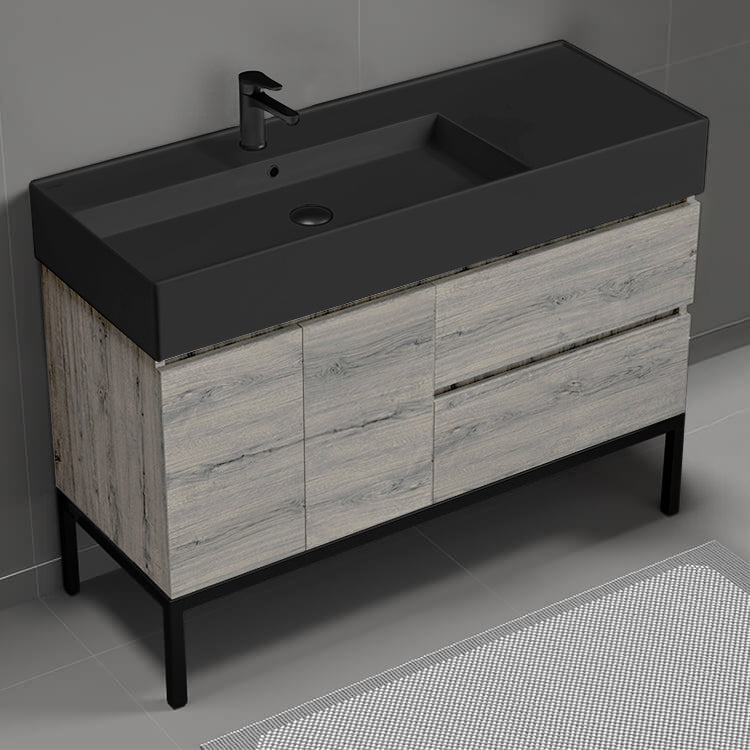 Modern Bathroom Vanity With Black Sink, Floor Standing, 48", Grey Oak