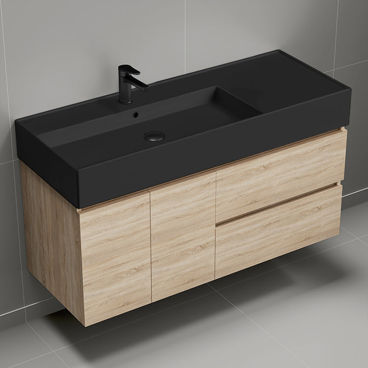 48" Bathroom Vanity With Black Sink, Floating, Brown Oak