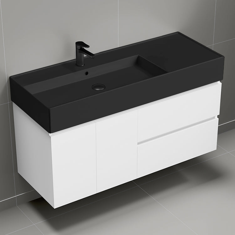 Modern Bathroom Vanity With Black Sink, Wall Mounted, 48", Glossy White