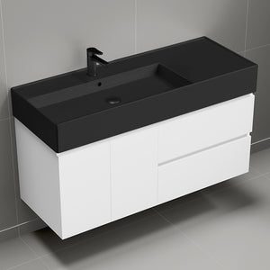 Modern Bathroom Vanity With Black Sink, Wall Mounted, 48", Glossy White